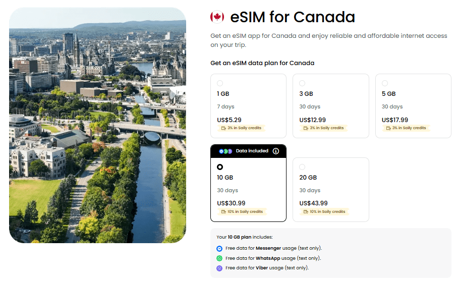 saily provider homepage, best esim for canada