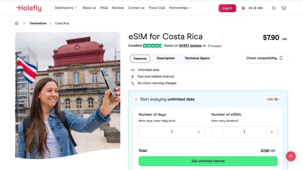 holafly homepage, best esim provider for costa rica