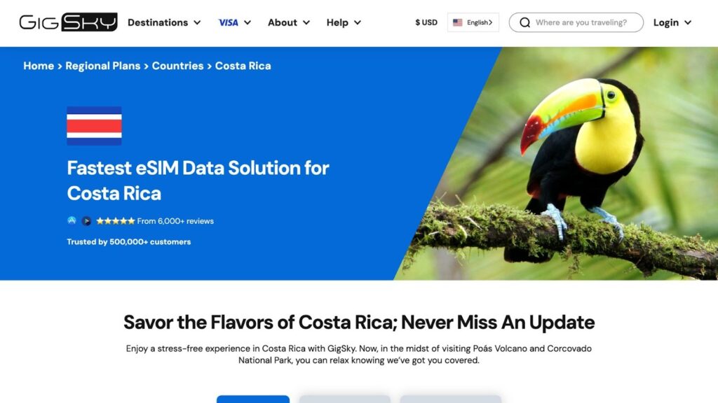 best costa rica esim provider: gigsky homepage