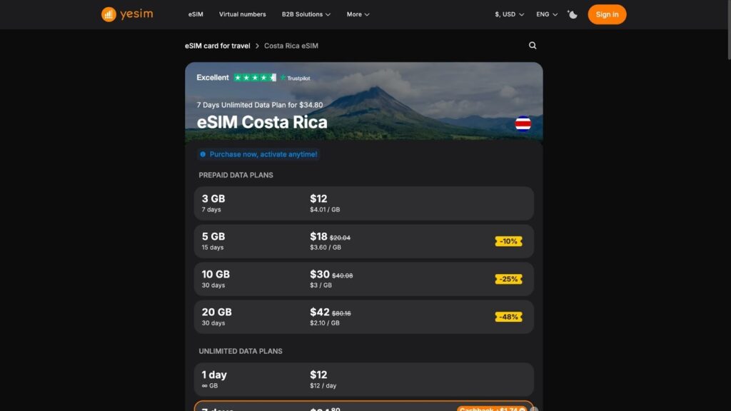 costa rica esim provder: yesim hoempage