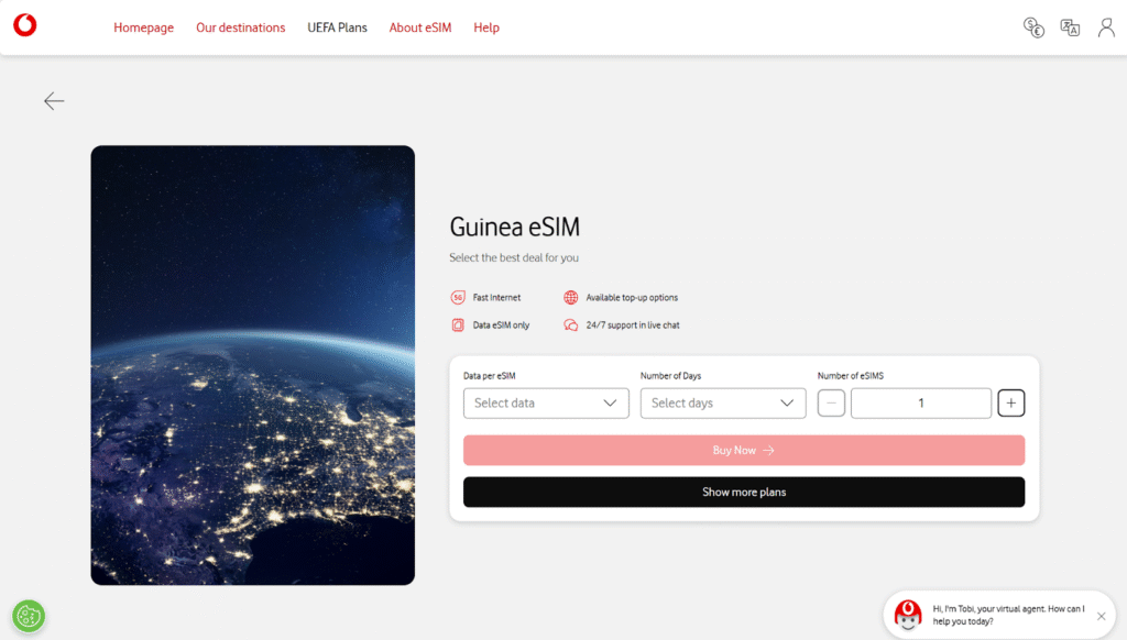 vodafone travel, gunea esim provider homepage