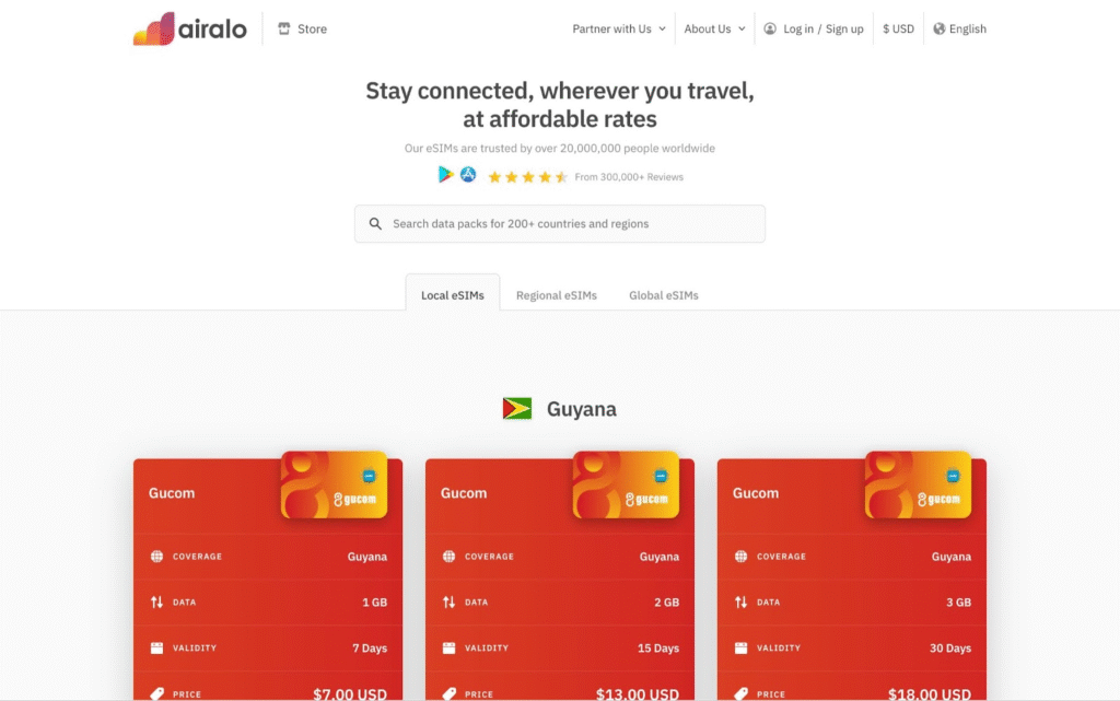 guyana esim provider homepage: airalo