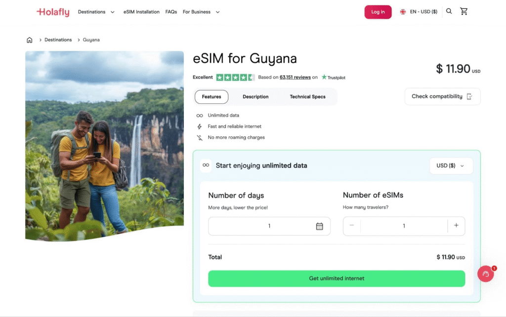 guyana esim provider homepage: holafly