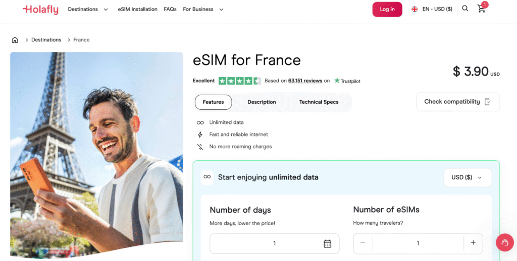 holafly homepage, esim provider for france