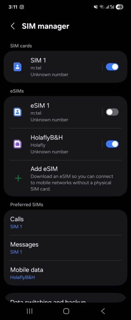 holafly esim setup in settings