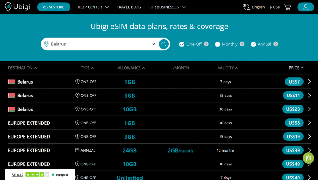 belarus best esim: ubigi homepage