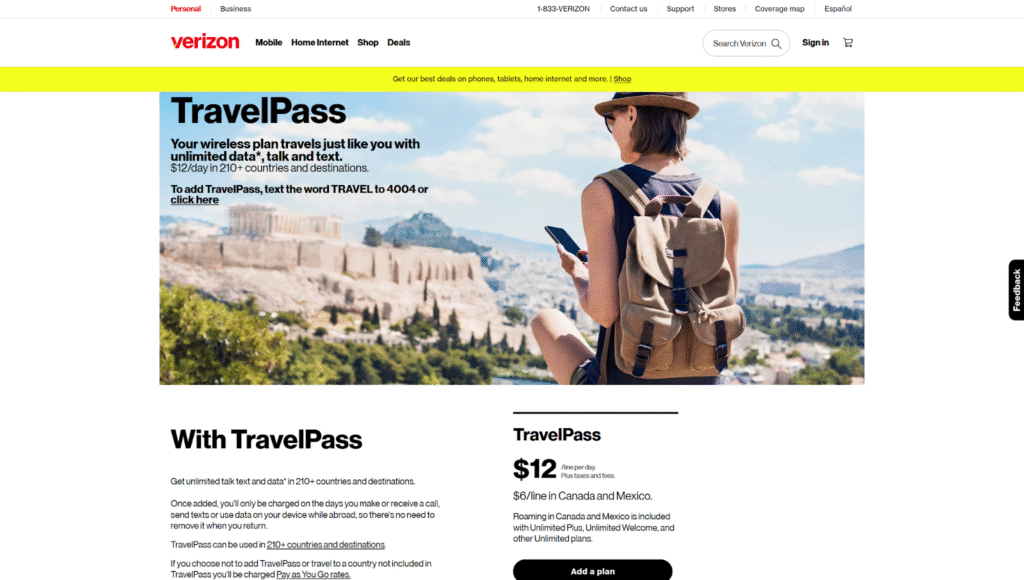 verizon travel pass homepage
