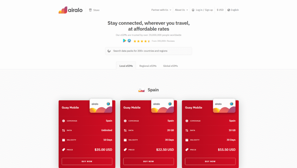 airalo hoempage: spain esim provider