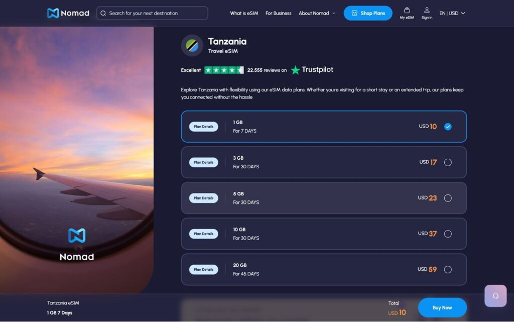 nomad homepage, esim for tanzania