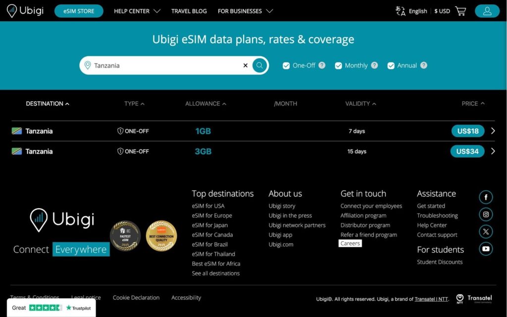 ubigi homepage, best esim for tanzania
