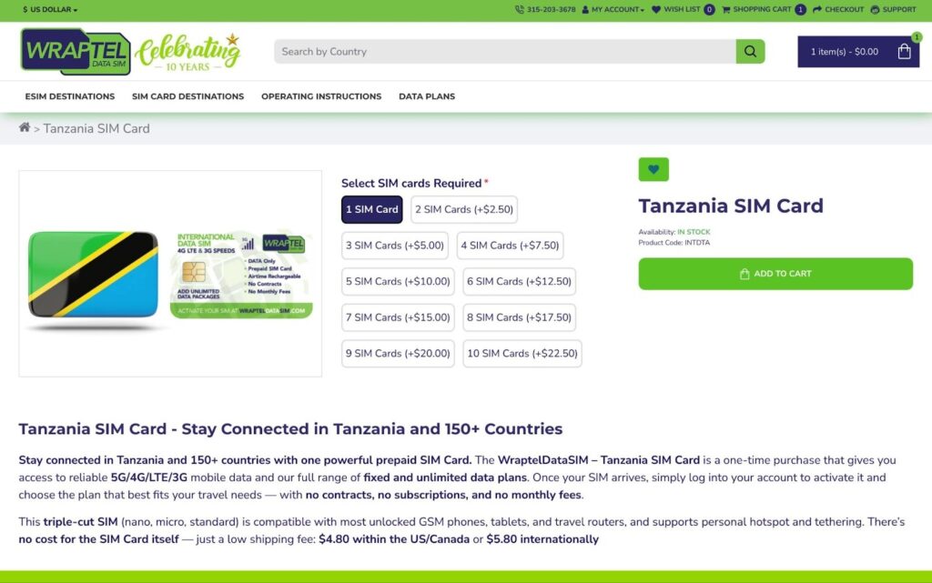 wraptel homepage, sim card for tanzania