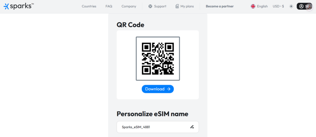 sparks esim qr code