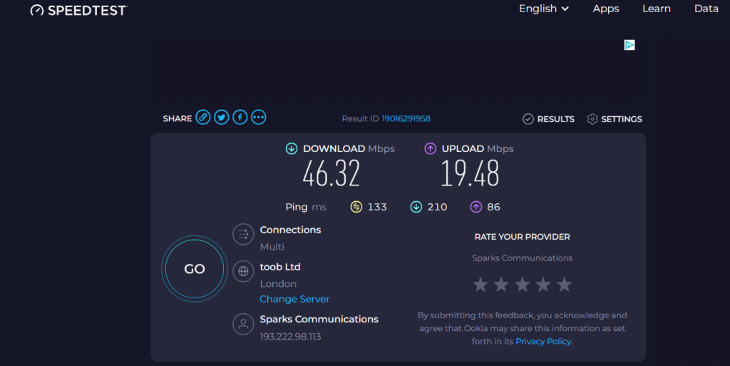 sparks esim ookla speed test