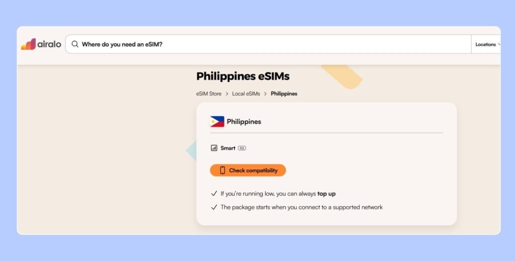 Airalo Philippines eSIM page used in our customer support test