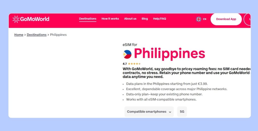 Saily Philippines eSIM page used in our customer support test