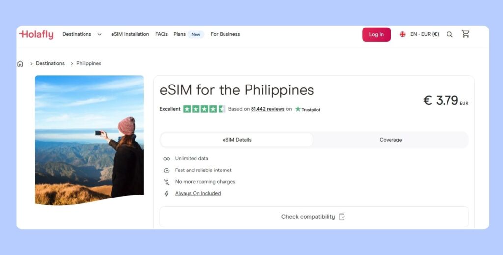 Holafly eSIM for the Philippines page used in our customer support test