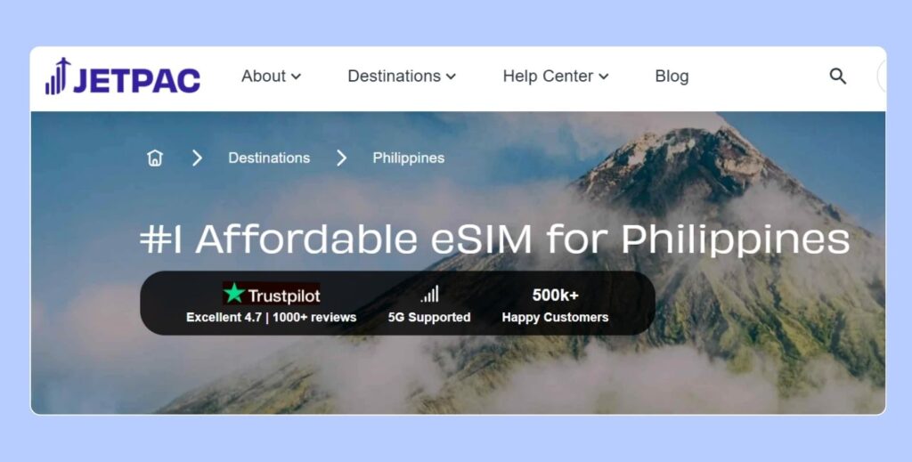 Jetpac Philippines eSIM page used in our customer support test