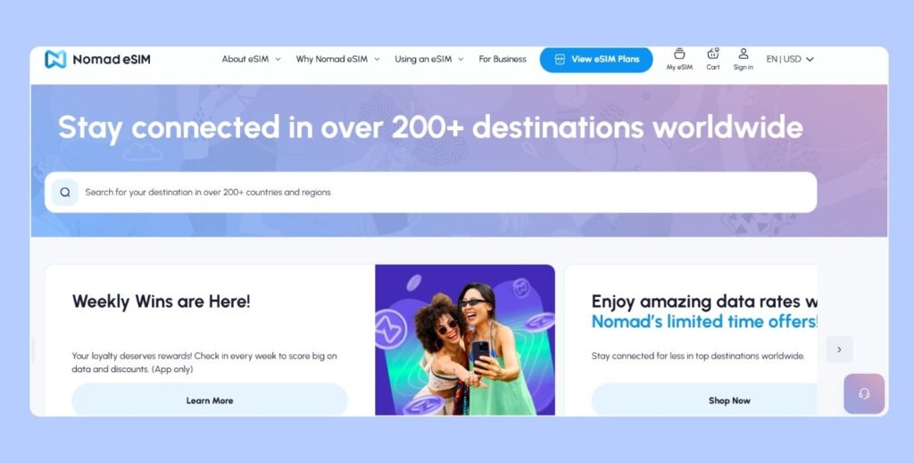 Nomad eSIM homepage used in our customer support test