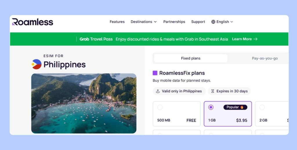 Roamless Philippines eSIM page used in our customer support test