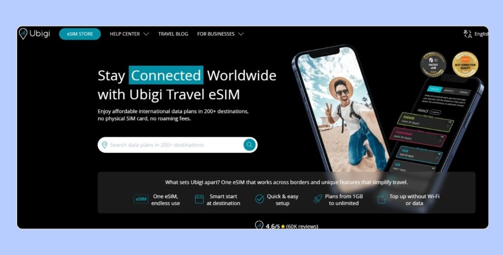 Ubigi eSIM homepage used in our customer support test